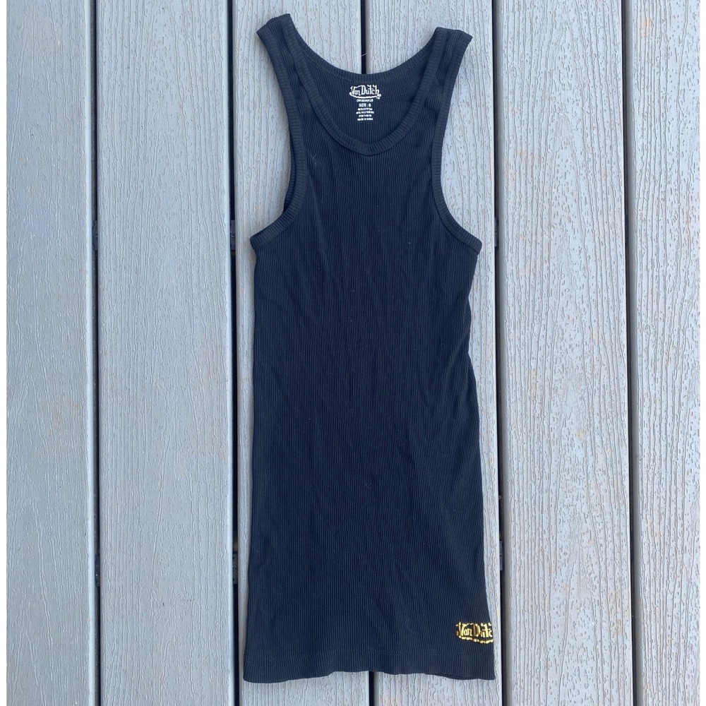 Von Dutch Originals Mens Ribbed Tank Top Black Gold Logo Y2K Streetwear Small